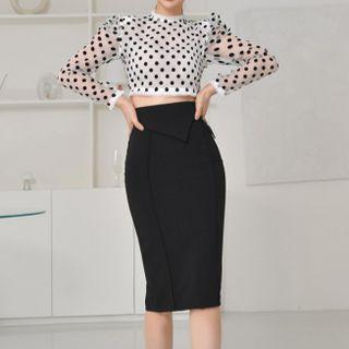 Set: Puff-sleeve Dotted Crop Top + Asymmetrical Pencil Skirt
