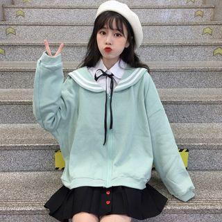 Sailor Collar Zip Hoodie / Mini Pleated Skirt / Tie-neck Blouse