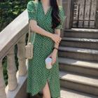 Short-sleeve V-neck Tie-waist Floral Dress Green - One Size