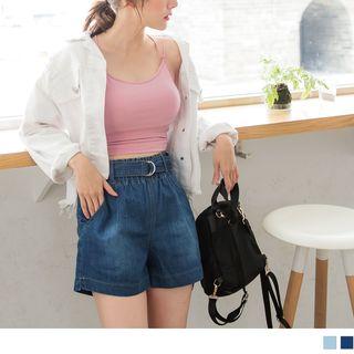 Belted Waist Wide-leg Denim Shorts