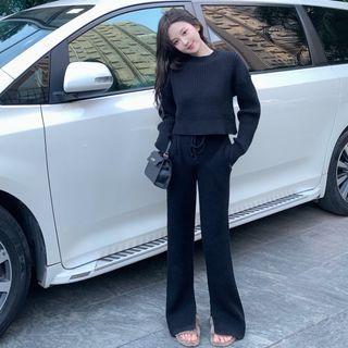 Crewneck Long Sleeve Ribbed Crop Top / High Waist Drawstring Ribbed Boot-cut Pants