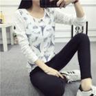 Print Long-sleeve Lace Panel T-shirt