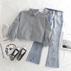 Elbow-sleeve Plaid Shirt / Frayed Jeans