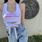 Halter-neck Lettering Tie-strap Crop Tank Top White - One Size