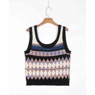 Color Block Patterned Sweater Vest Black & Beige - One Size