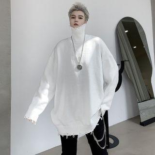 Turtleneck Plain Loose-fit Knit Top