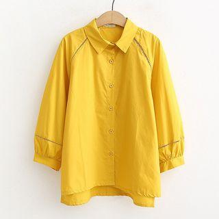 3/4-sleeve Perforated Shirt Yellow - One Size