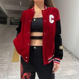 Long Sleeve Contrast-trim Lettering Bomber Jacket