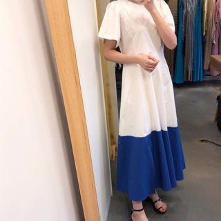 Two-tone Short-sleeve Midi A-line Dress