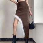 Fluffy Trim Asymmetrical Midi Pencil Skirt