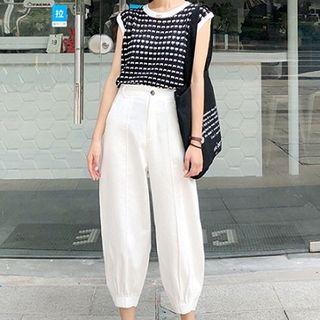 Picture Print Crewneck Sleeveless Top/plain High-waist Harem Pants