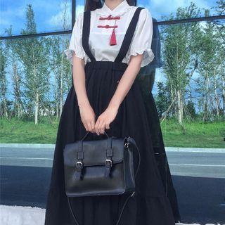Short-sleeve Frog Button Shirt / Midi A-line Suspender Skirt