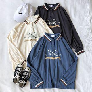 Long-sleeve Printed Collar Top