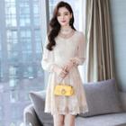Long-sleeve Embellished A-line Lace Dress