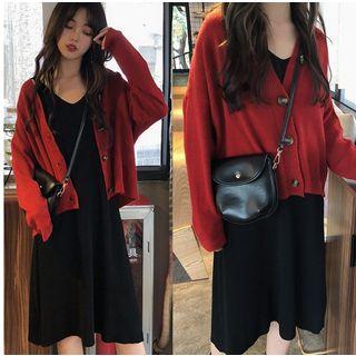 Button-up Cardigan/ Sleeveless Knit Midi Dress