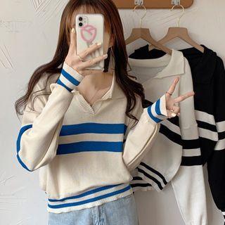 Open Collar Striped Sweater