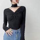 Choker-neck Long-sleeve Twisted T-shirt