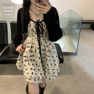 Spaghetti Strap Bow Print Mini A-line Dress / Plain Cardigan / Set