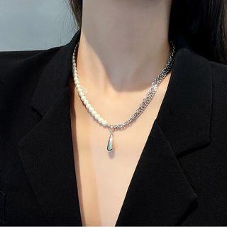 Droplet Pendant Beaded Necklace Ndxz005 - Silver - One Size