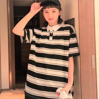 Oversized Short-sleeve Striped Polo Shirt