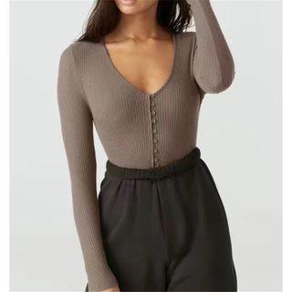 V Neck Long Sleeve Button Top