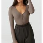 V Neck Long Sleeve Button Top
