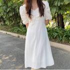 Ruched Elbow-sleeve Midi A-line Dress