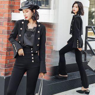 Set: Buttoned Jacket + Ripped Boot-cut Pants