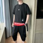 Set: Lettering Elbow-sleeve T-shirt + Cropped Cargo Jogger Pants