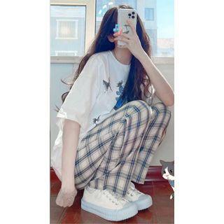 Short-sleeve Butterfly Print T-shirt / Plaid Wide Leg Pants