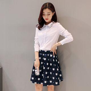 Set: Embroidered Long-sleeve Blouse + Skirt
