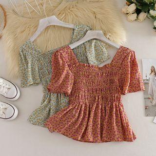 Square Collar Short-sleeved Floral Chiffon Top