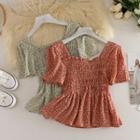 Square Collar Short-sleeved Floral Chiffon Top