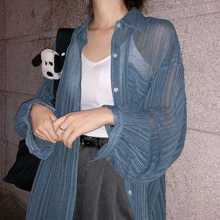 Long-sleeve Striped Sheer Shirt Blue - One Size