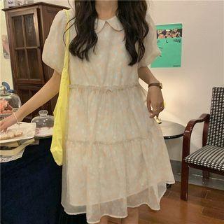 Puff-sleeve Tiered Midi Dress Orange Dots - Off-white - One Size