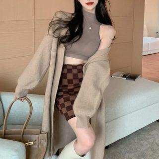 Plain Oversize Cardigan / Mock-neck Plain Cropped Tank Top / High-waist Plaid Mini Skirt