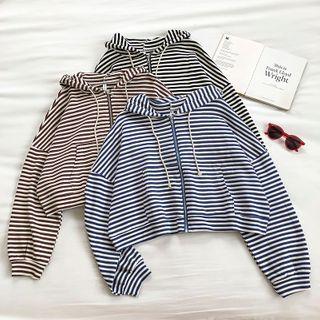 Color-block Striped Zipper Long-sleeve Hooded Jacket