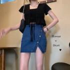 Square-neck Short-sleeve Blouse / Denim Mini Pencil Skirt