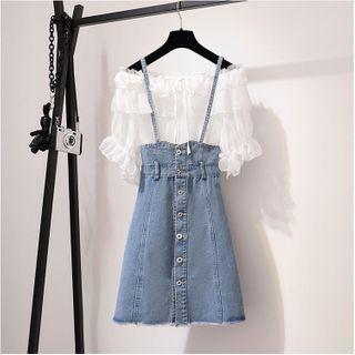 Set: Short-sleeve Mesh Top + Denim Suspender Dress
