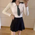 Long-sleeve Collared Top / Pleated Skirt / Tie / Set