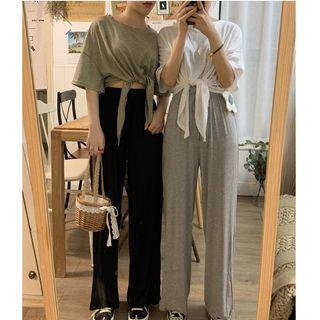 Crew-neck Long-sleeve T-shirt / Drawstring Wide-leg Pants