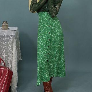 High-waist Floral Single-breasted A-line Maxi Skirt