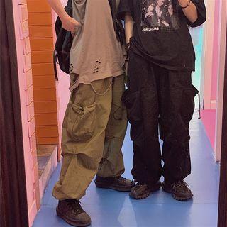 Drawstring Side-pocket Plain Cargo Pants