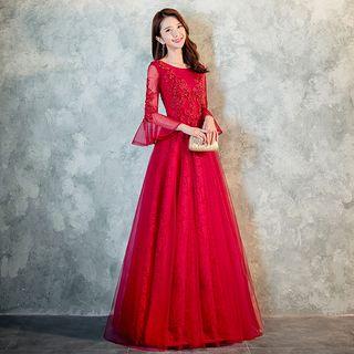 Flower Accent 3/4 Sleeve Evening Gown