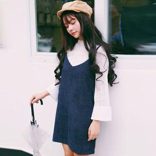 Set: Long-sleeve Top + V-neck Pinafore Dress