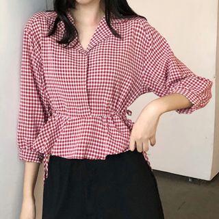 Plaid 3/4-sleeve Blouse Red - One Size