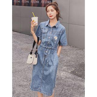 Short-sleeve Henley Flower Embroidered Denim Shirt Dress