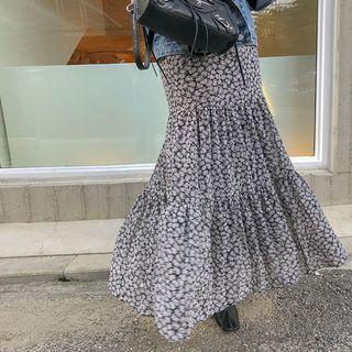 Tiered Maxi Floral Skirt Black - One Size