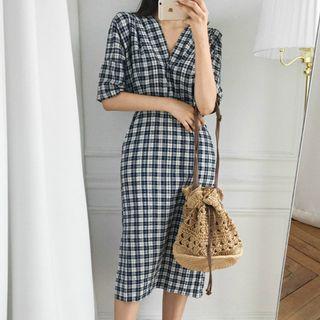 Plaid Elbow-sleeve Midi Sheath Dress