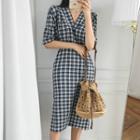 Plaid Elbow-sleeve Midi Sheath Dress